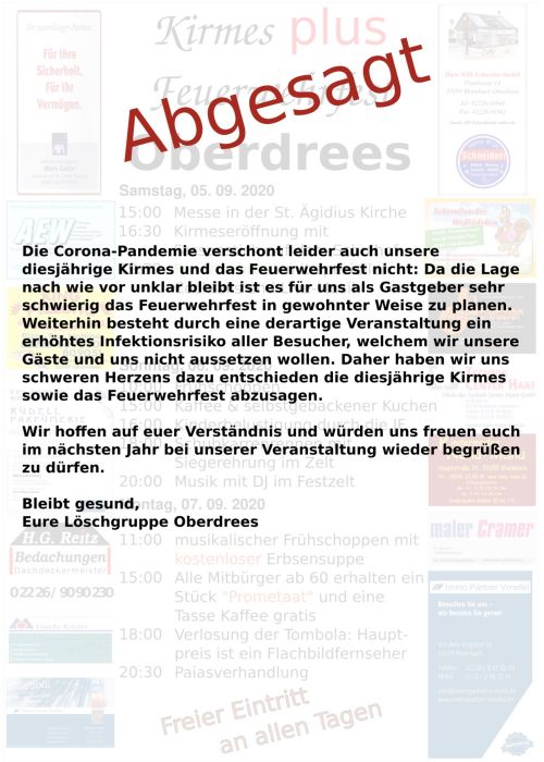 Plakat Absage Kirmes und Feuerwehrfest Oberdrees 2020